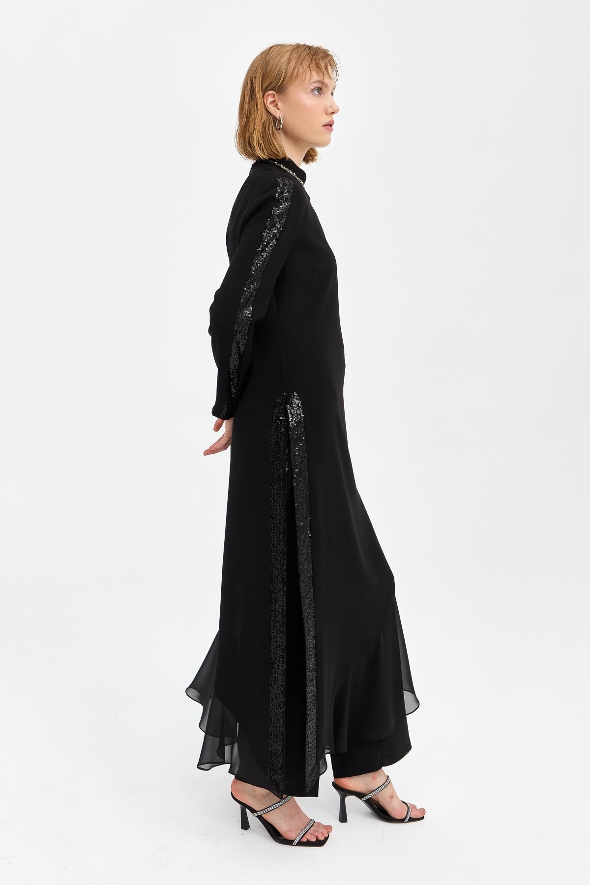 Ruffle Detail Pants and Tunic Set - Black