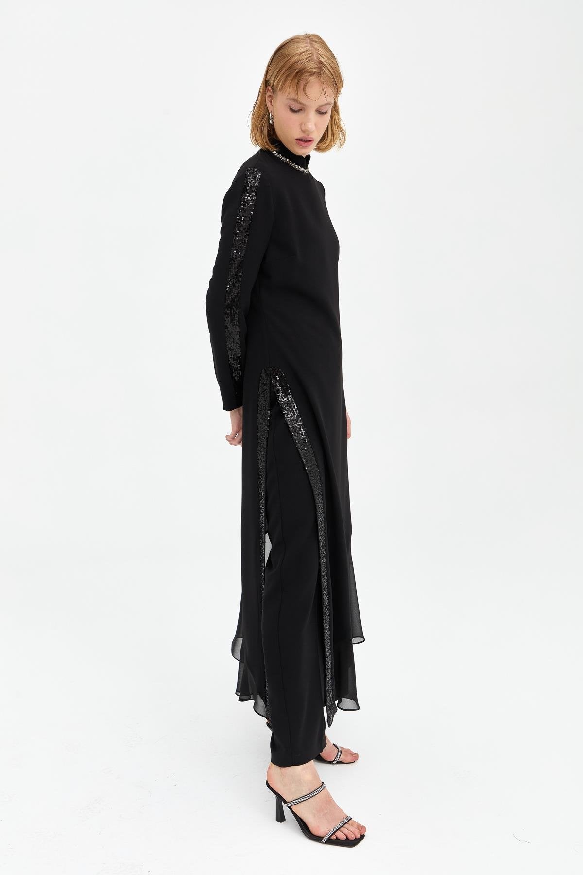 Ruffle Detail Pants and Tunic Set - Black