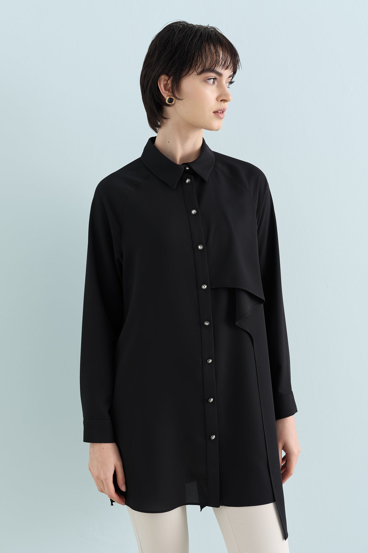 Volan Detaylı Tunik - Siyah