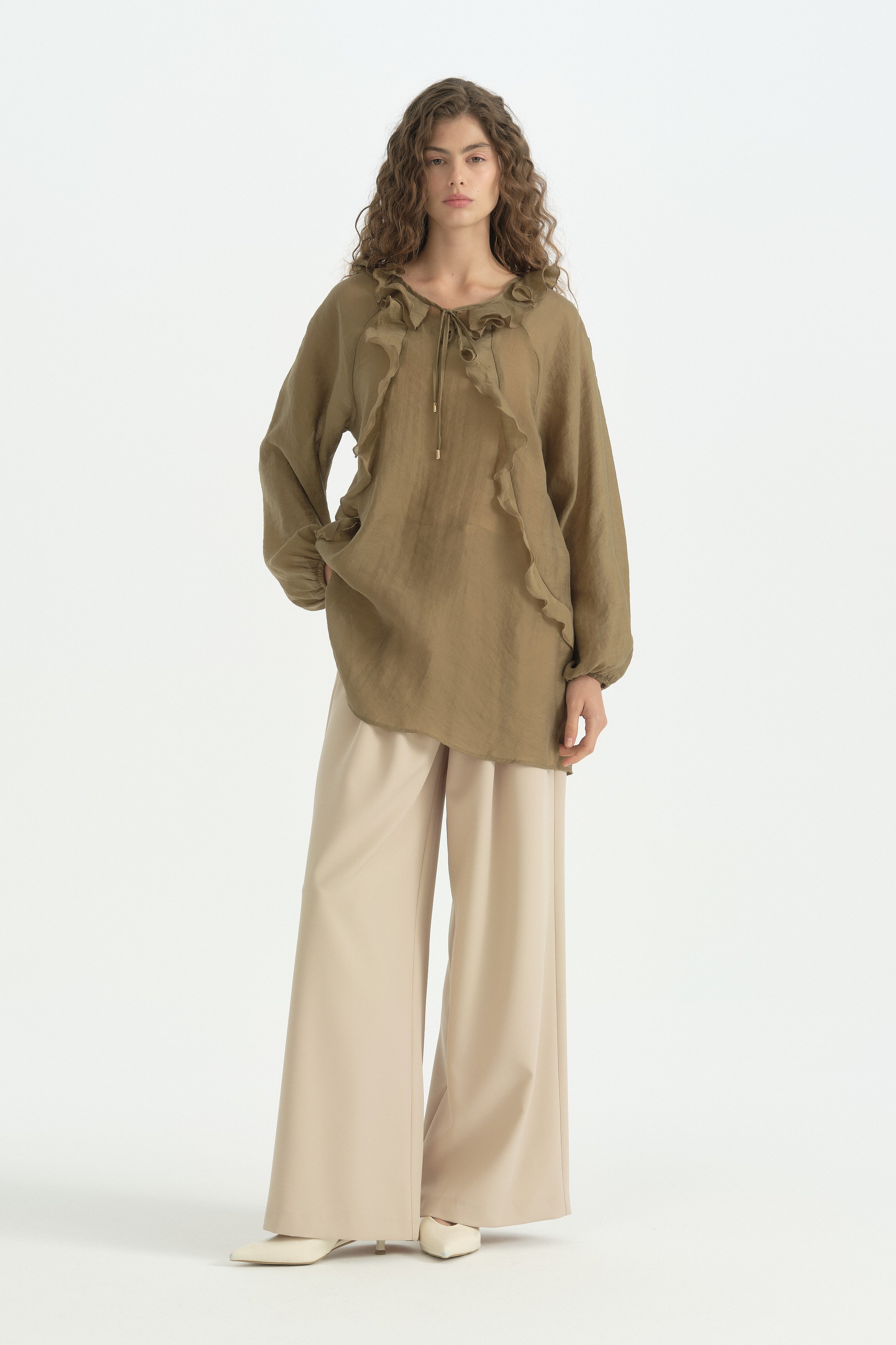 Volan ve Büzgü Detaylı Romantik Tunik - Olive