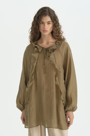 Volan ve Büzgü Detaylı Romantik Tunik - Olive