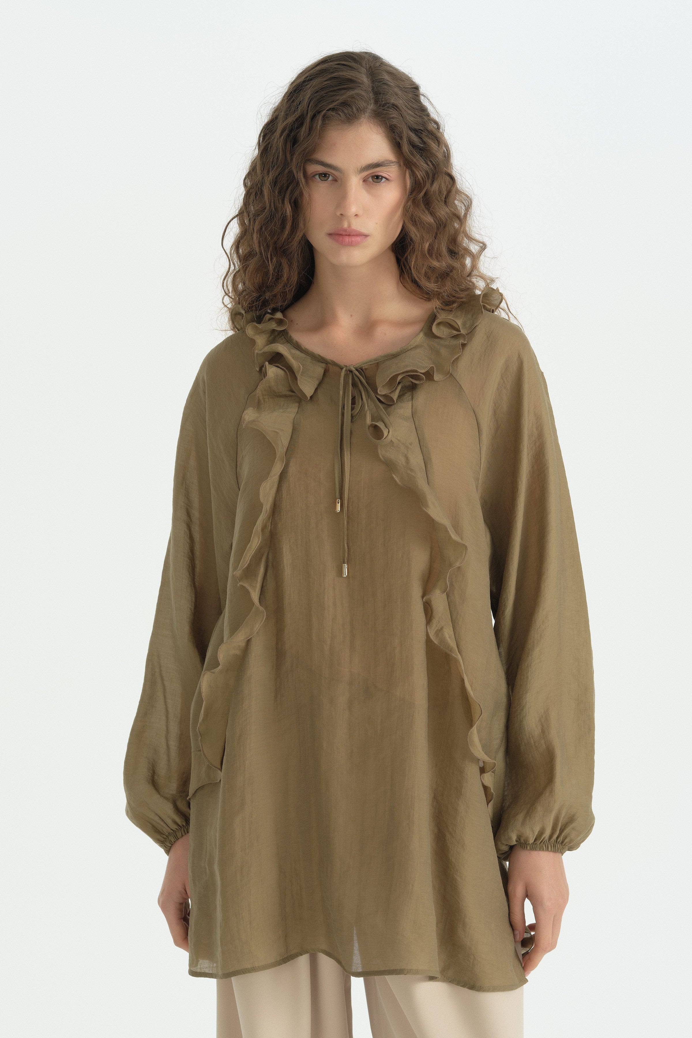 Volan ve Büzgü Detaylı Romantik Tunik - Olive