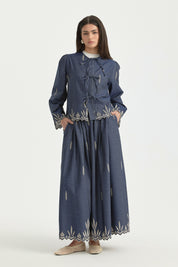 Ruffled Bow Embroidered Cotton Shirt - Indigo