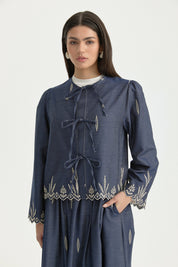 Ruffled Bow Embroidered Cotton Shirt - Indigo