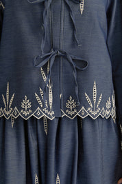 Ruffled Bow Embroidered Cotton Shirt - Indigo