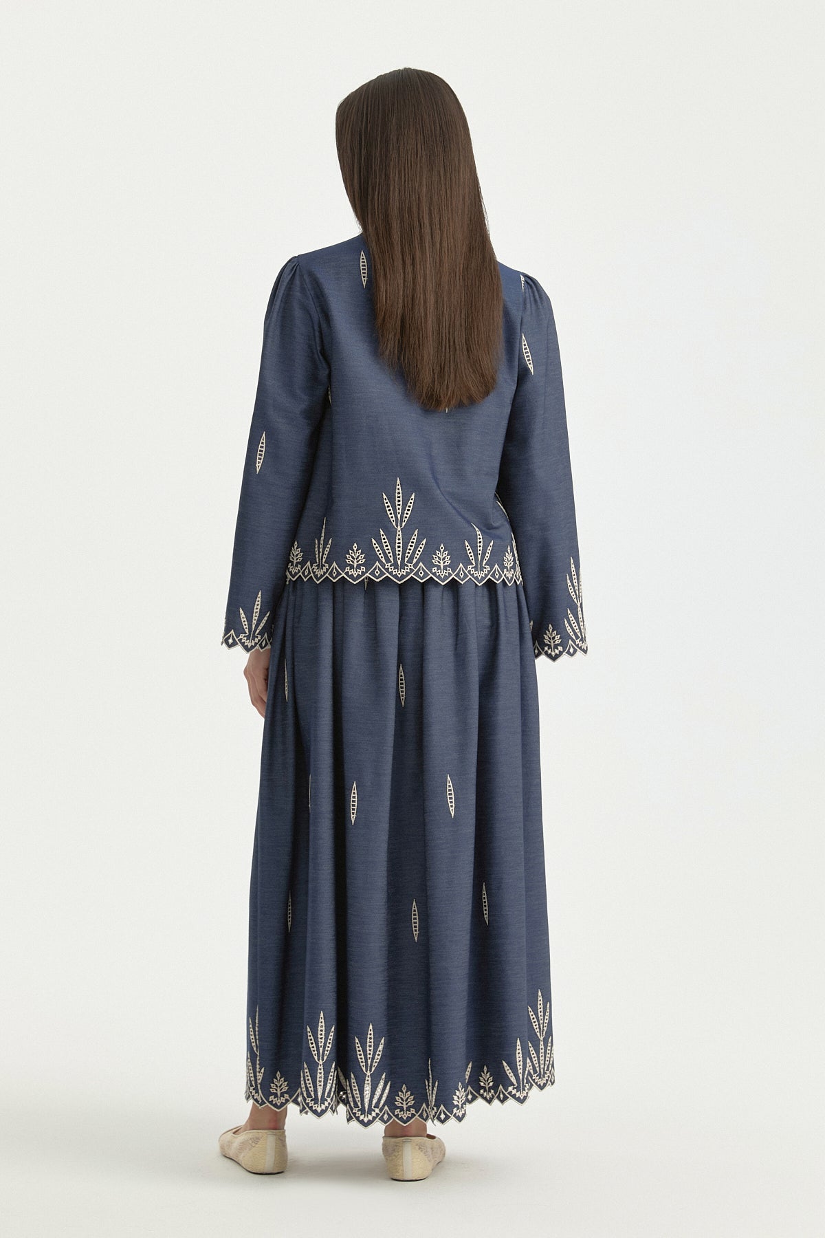 Ruffled Bow Embroidered Cotton Shirt - Indigo