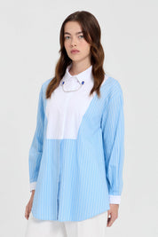 Striped Poplin Tunic with Collar Accessory - Light Blue