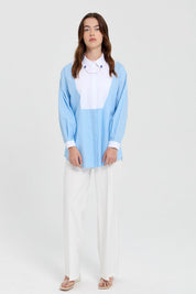 Striped Poplin Tunic with Collar Accessory - Light Blue
