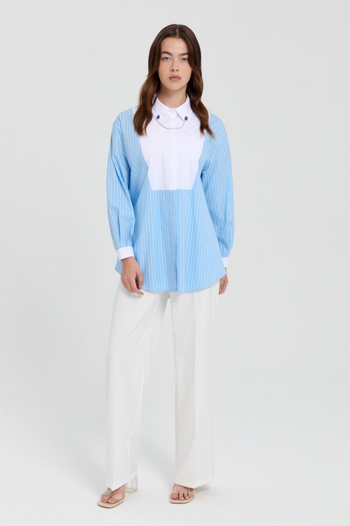 Striped Poplin Tunic with Collar Accessory - Light Blue