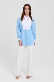 Striped Poplin Tunic with Collar Accessory - Light Blue