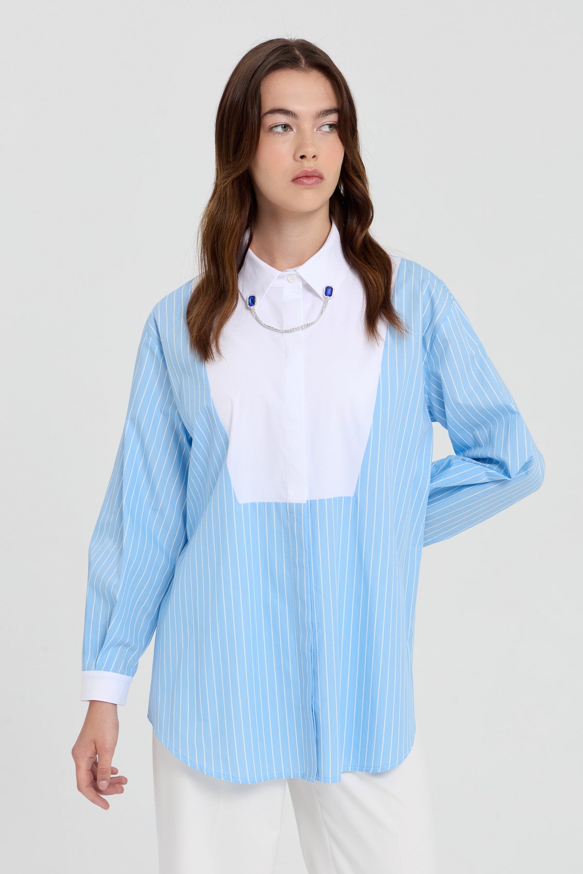 Striped Poplin Tunic with Collar Accessory - Light Blue
