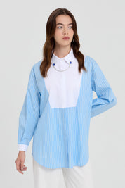 Striped Poplin Tunic with Collar Accessory - Light Blue