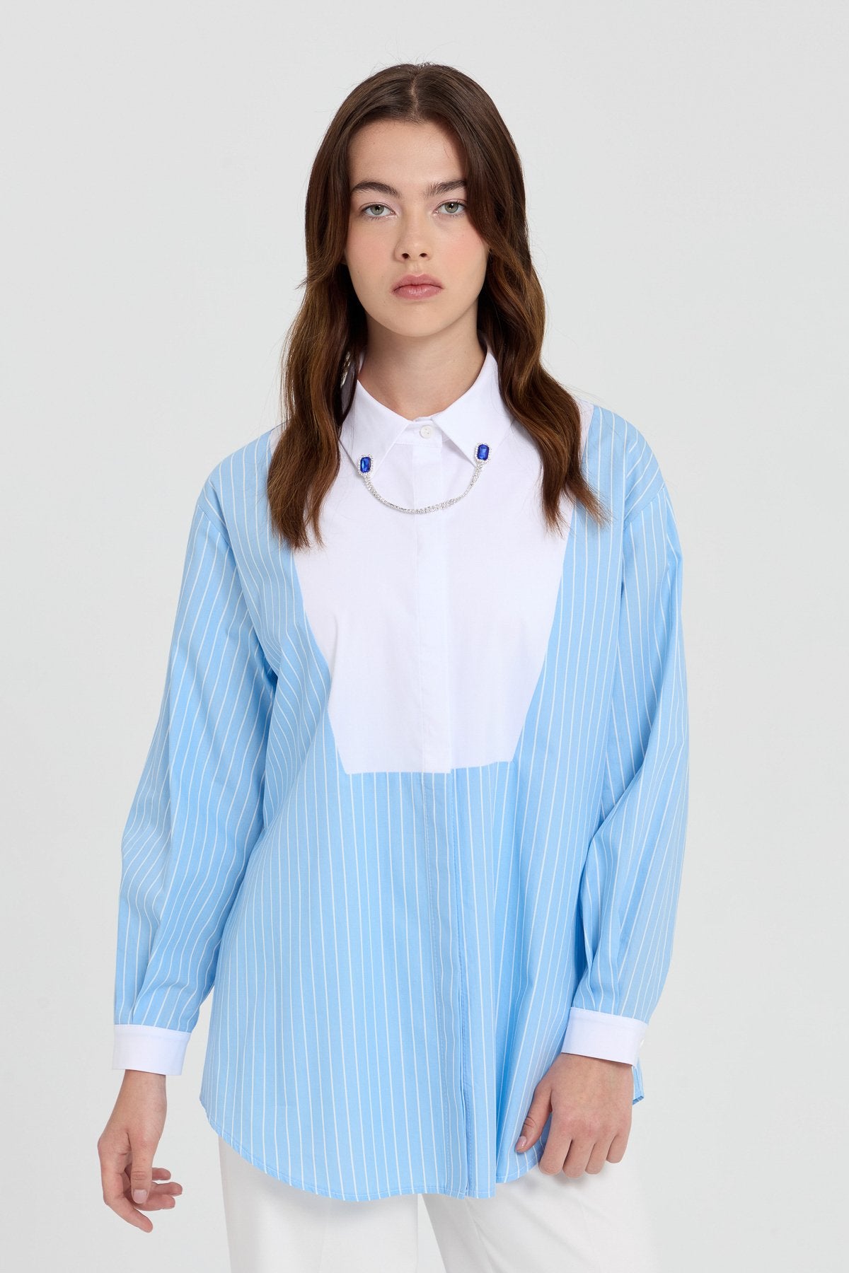 Striped Poplin Tunic with Collar Accessory - Light Blue