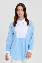 Striped Poplin Tunic with Collar Accessory - Light Blue