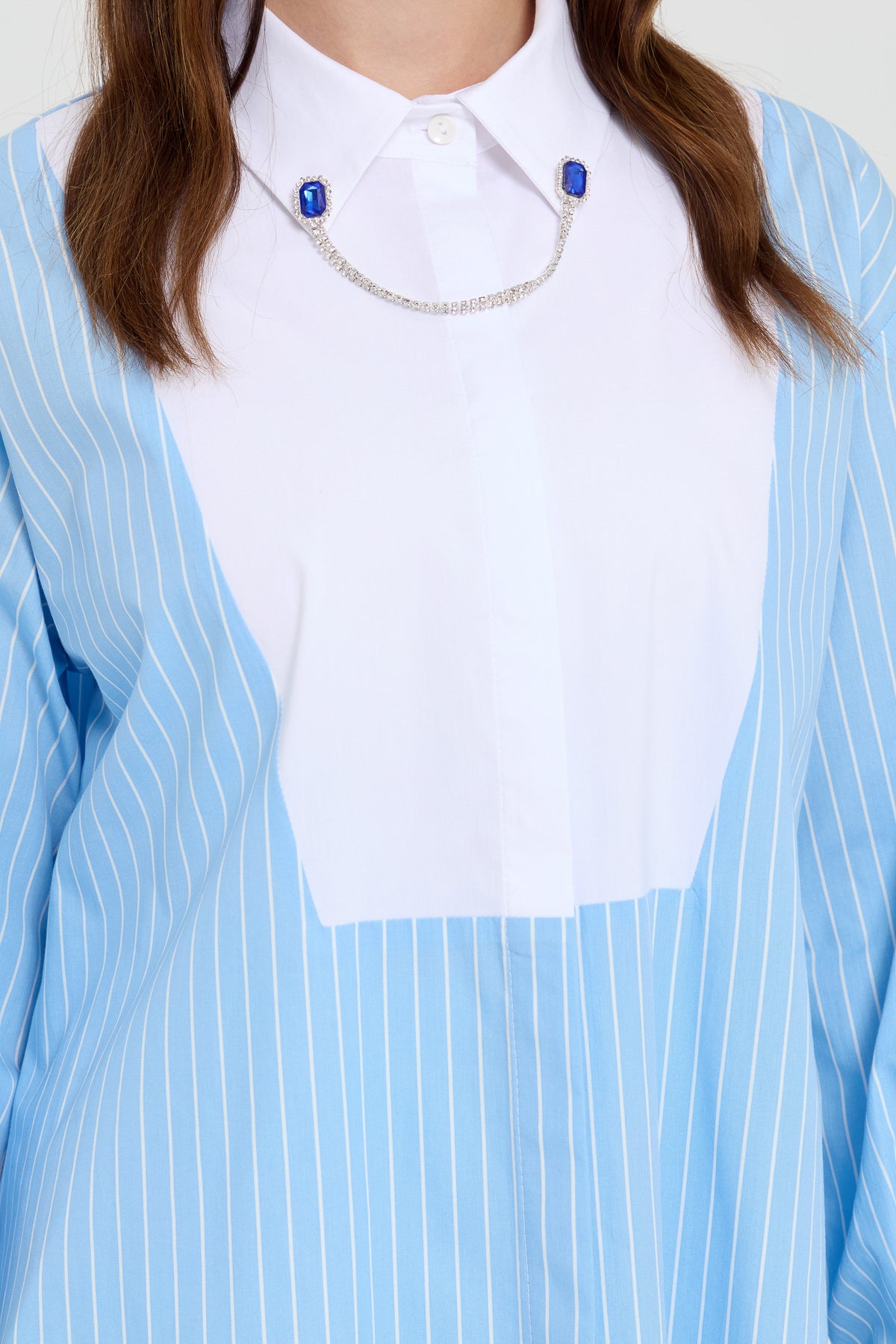 Striped Poplin Tunic with Collar Accessory - Light Blue