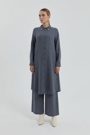 Yaka Aksesuarlı Tunik - Gri