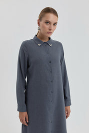 Yaka Aksesuarlı Tunik - Gri