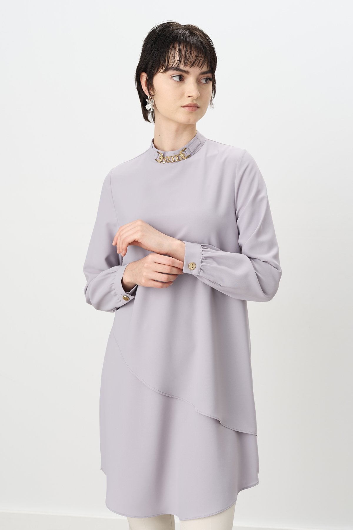 Ruffled Tunic with Collar Accessory - Grey
