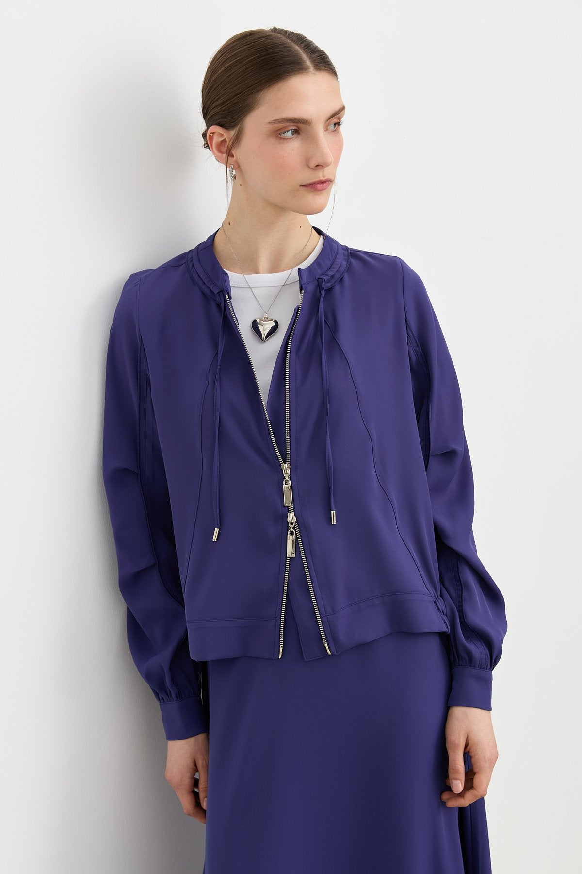 Skirt and Jacket Set with Collar Detail - Indigo