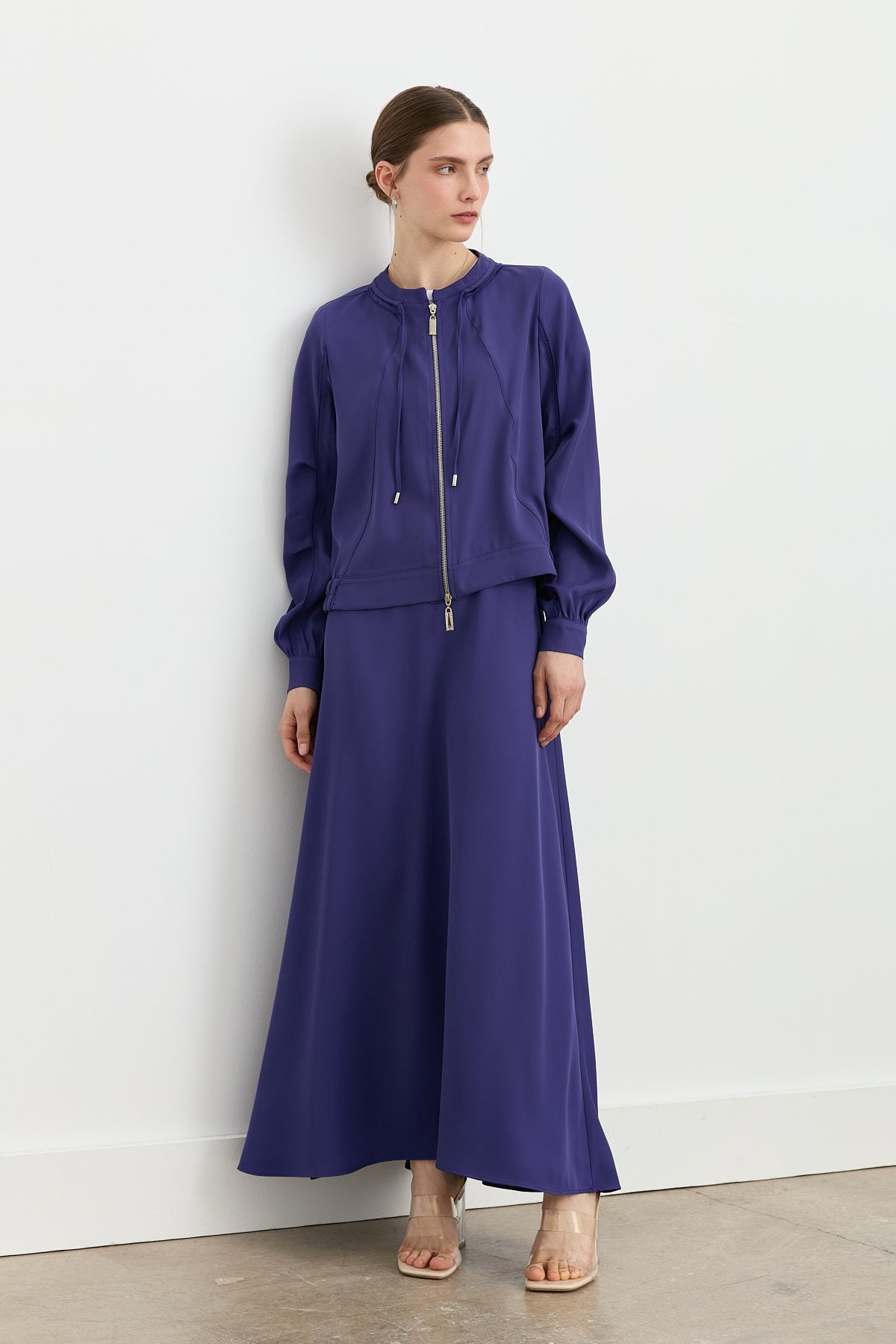 Skirt and Jacket Set with Collar Detail - Indigo