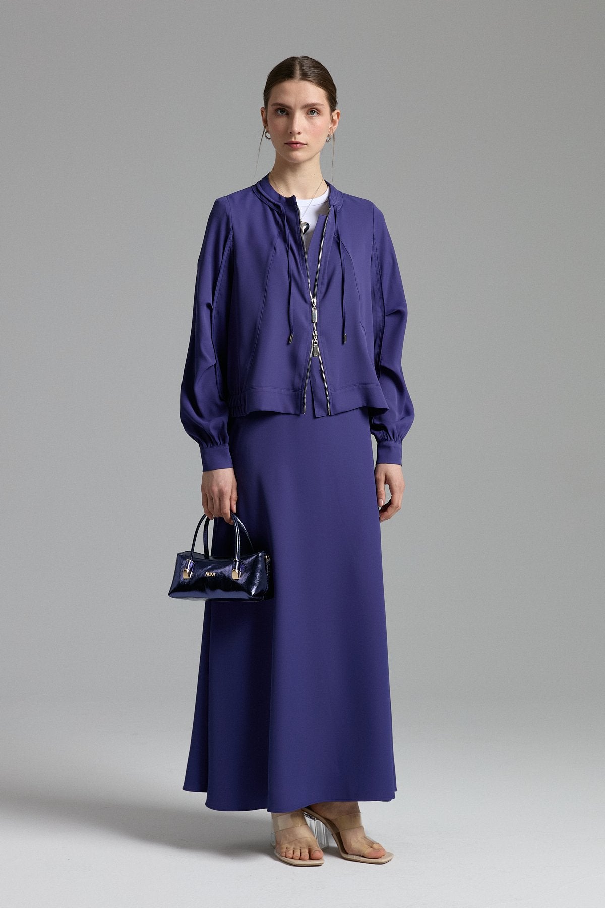 Skirt and Jacket Set with Collar Detail - Indigo