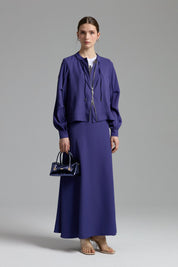 Skirt and Jacket Set with Collar Detail - Indigo