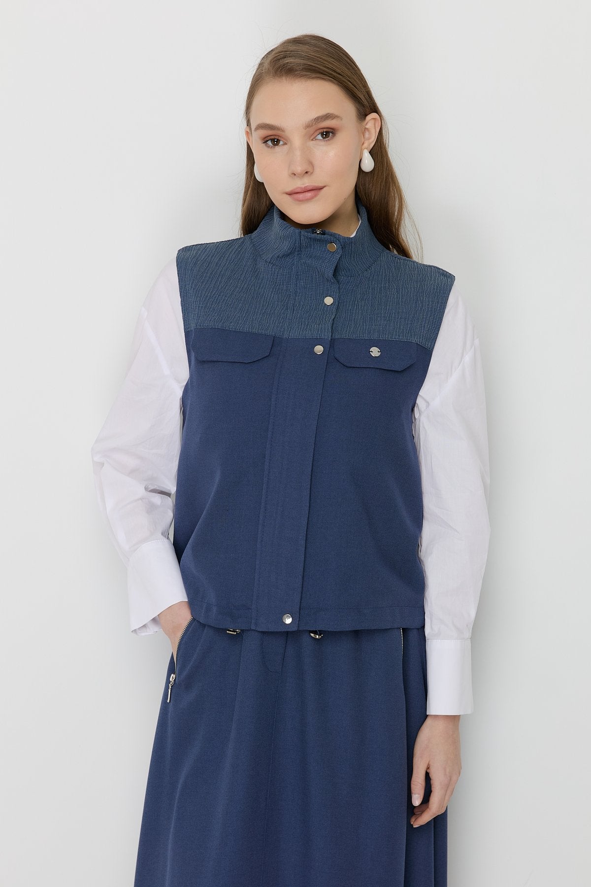 Collar Detail Skirt Vest Viscose Set - Indigo