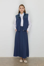 Collar Detail Skirt Vest Viscose Set - Indigo