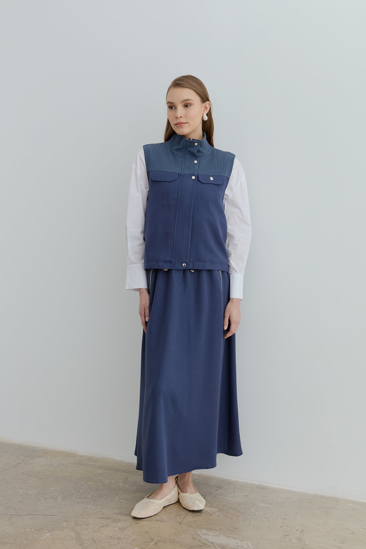 Collar Detail Skirt Vest Viscose Set - Indigo