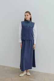 Collar Detail Skirt Vest Viscose Set - Indigo