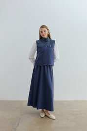 Collar Detail Skirt Vest Viscose Set - Indigo
