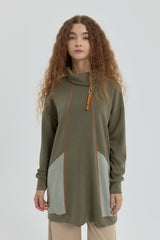 Sweatshirt with Collar Detail and Trim - Khaki