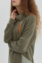 Sweatshirt with Collar Detail and Trim - Khaki