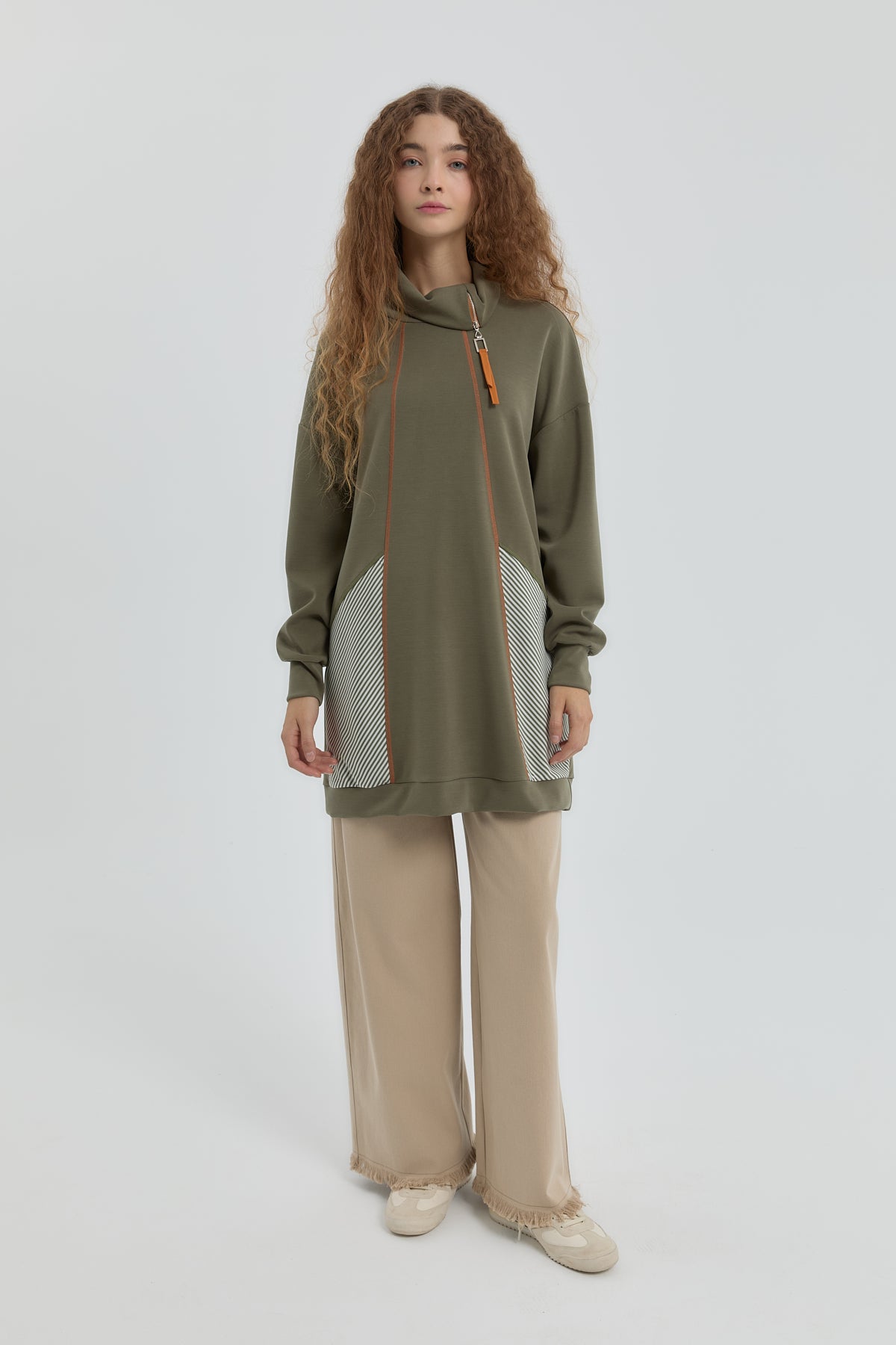 Sweatshirt with Collar Detail and Trim - Khaki