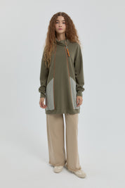 Sweatshirt with Collar Detail and Trim - Khaki
