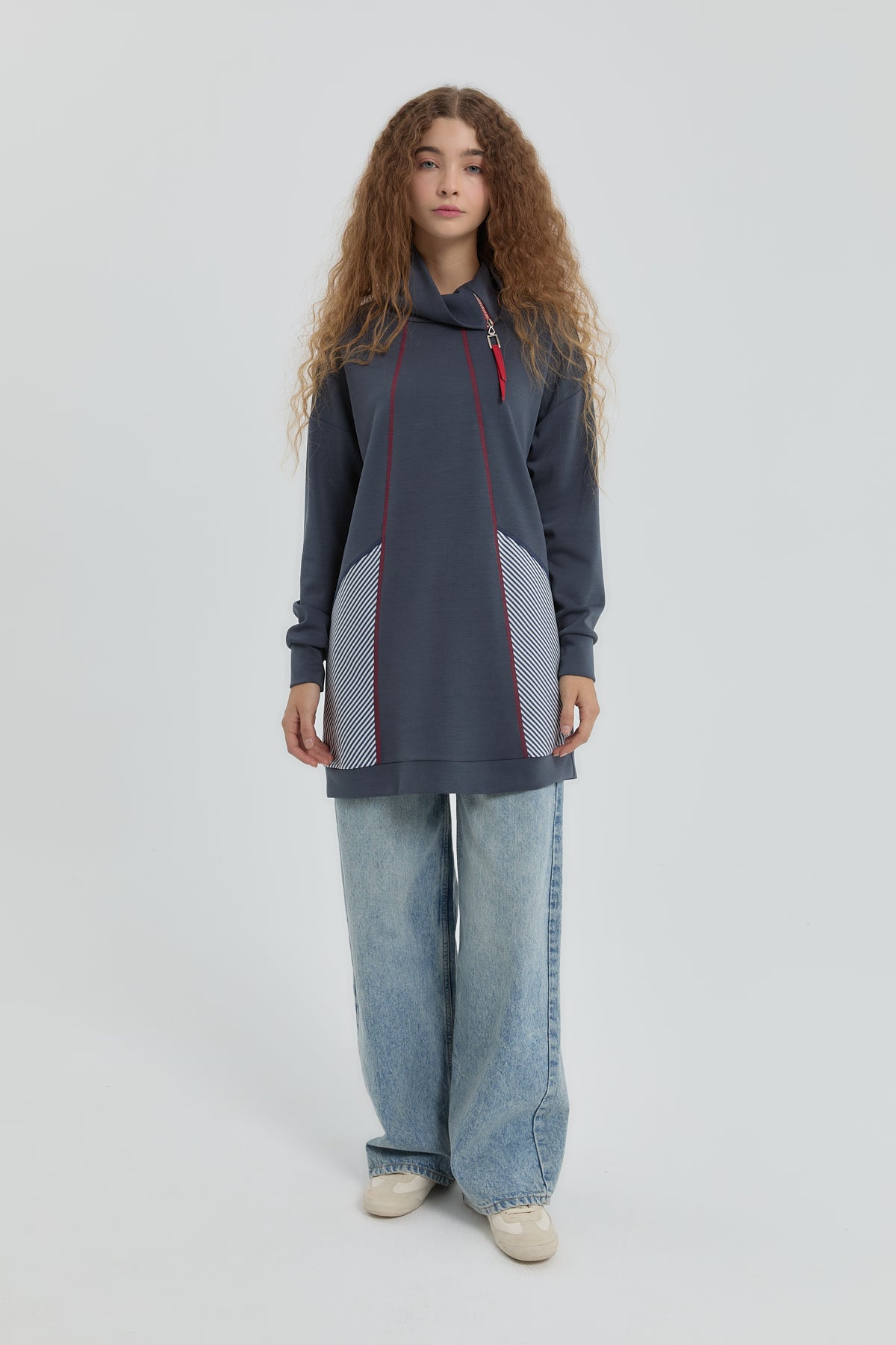 Sweatshirt with Collar Detail and Trim - Navy Blue