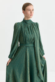 Jacquard Evening Dress with Collar Detail - Emerald
