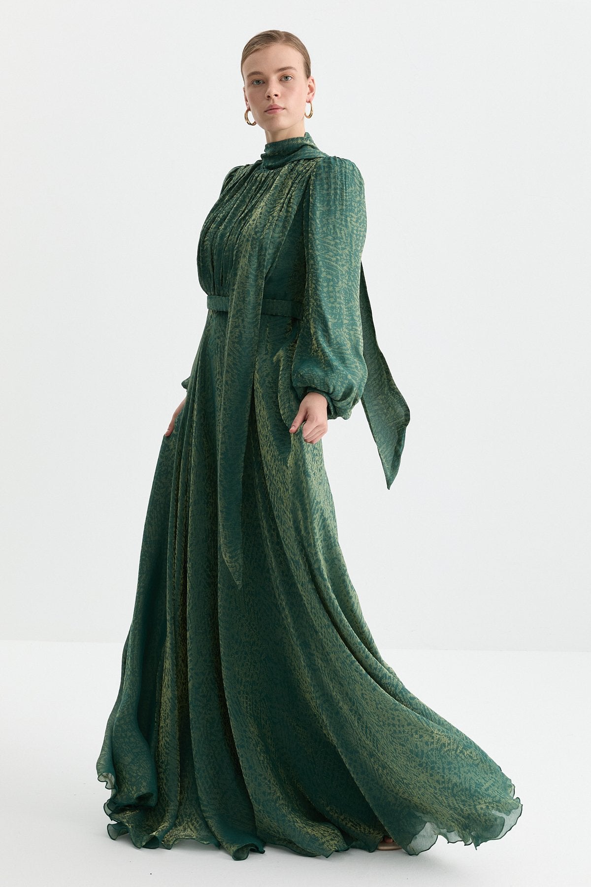 Jacquard Evening Dress with Collar Detail - Emerald