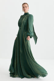 Jacquard Evening Dress with Collar Detail - Emerald