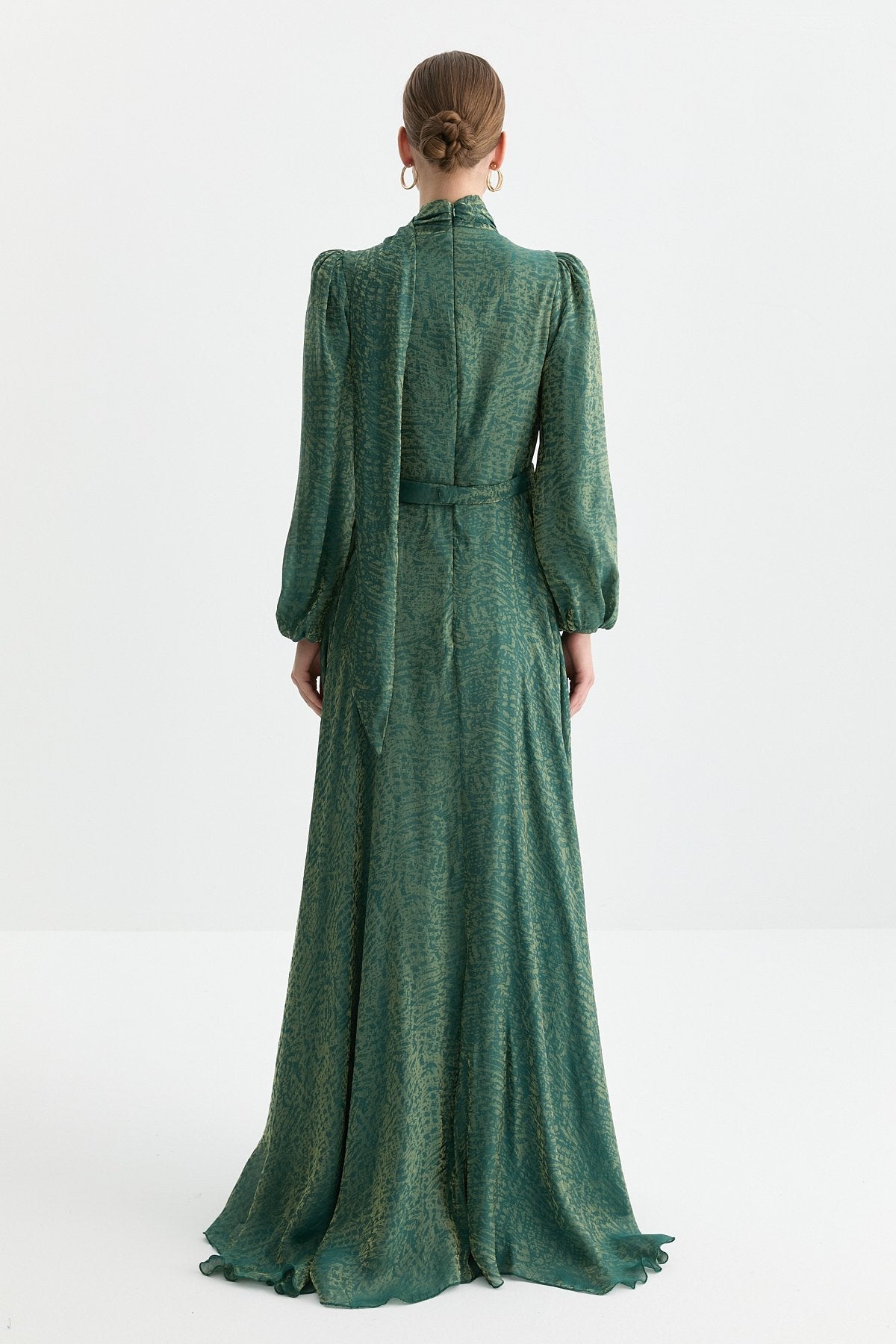 Jacquard Evening Dress with Collar Detail - Emerald