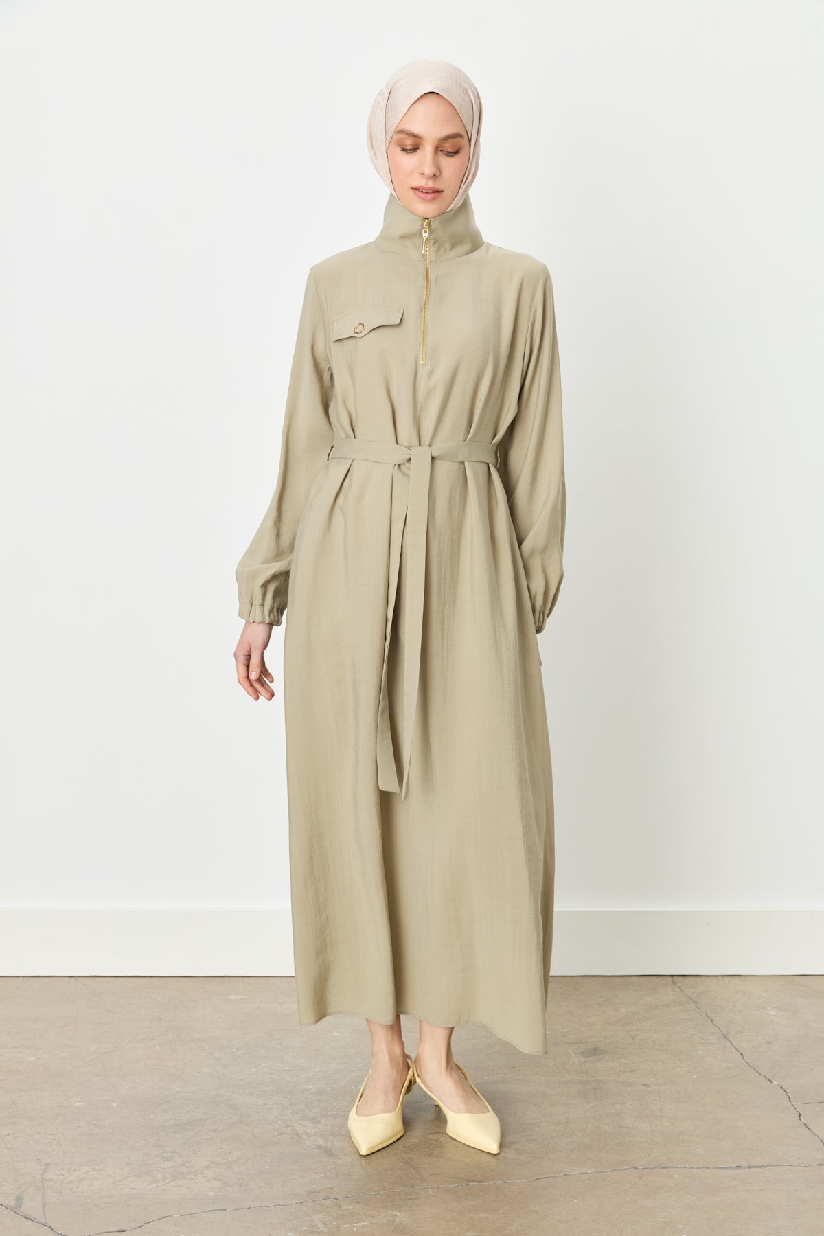 Collared Belted Modal Dress - Khaki
