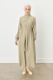 Collared Belted Modal Dress - Khaki