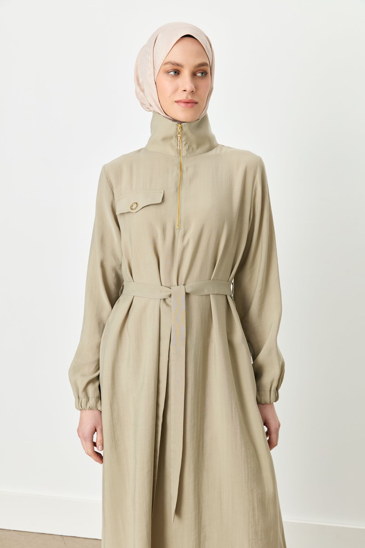 Collared Belted Modal Dress - Khaki