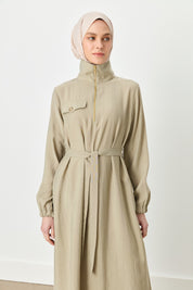 Collared Belted Modal Dress - Khaki
