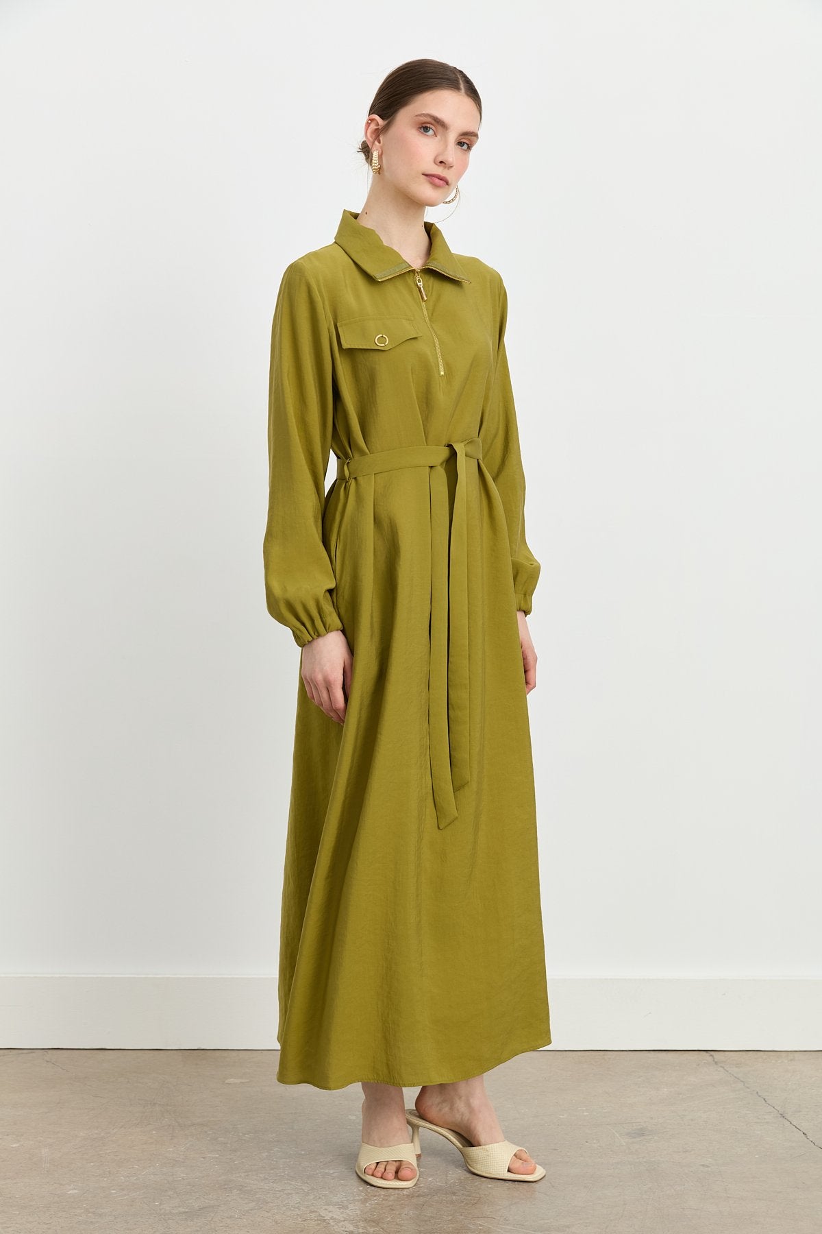 Modal Dress with Collar Detail and Belt - Olive
