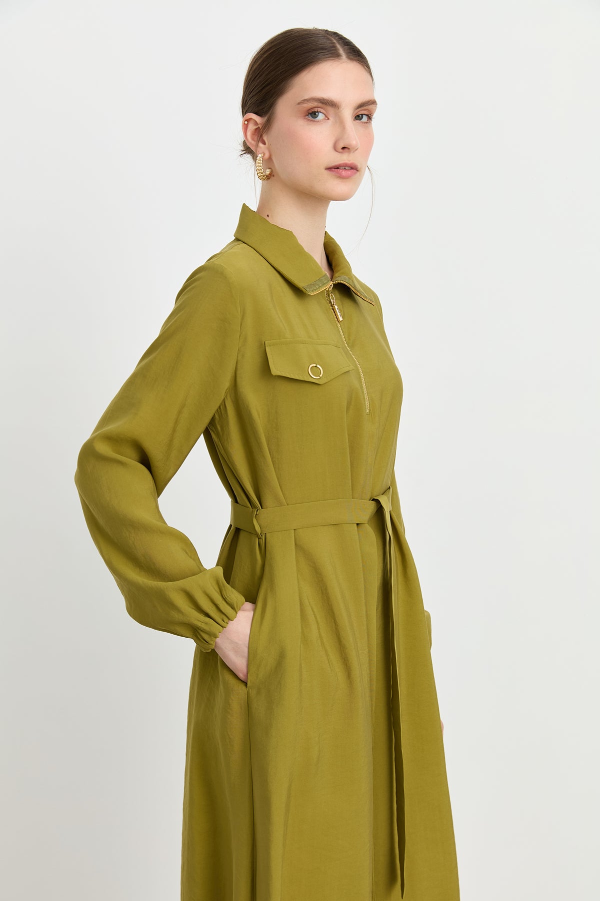 Modal Dress with Collar Detail and Belt - Olive