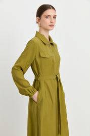 Modal Dress with Collar Detail and Belt - Olive