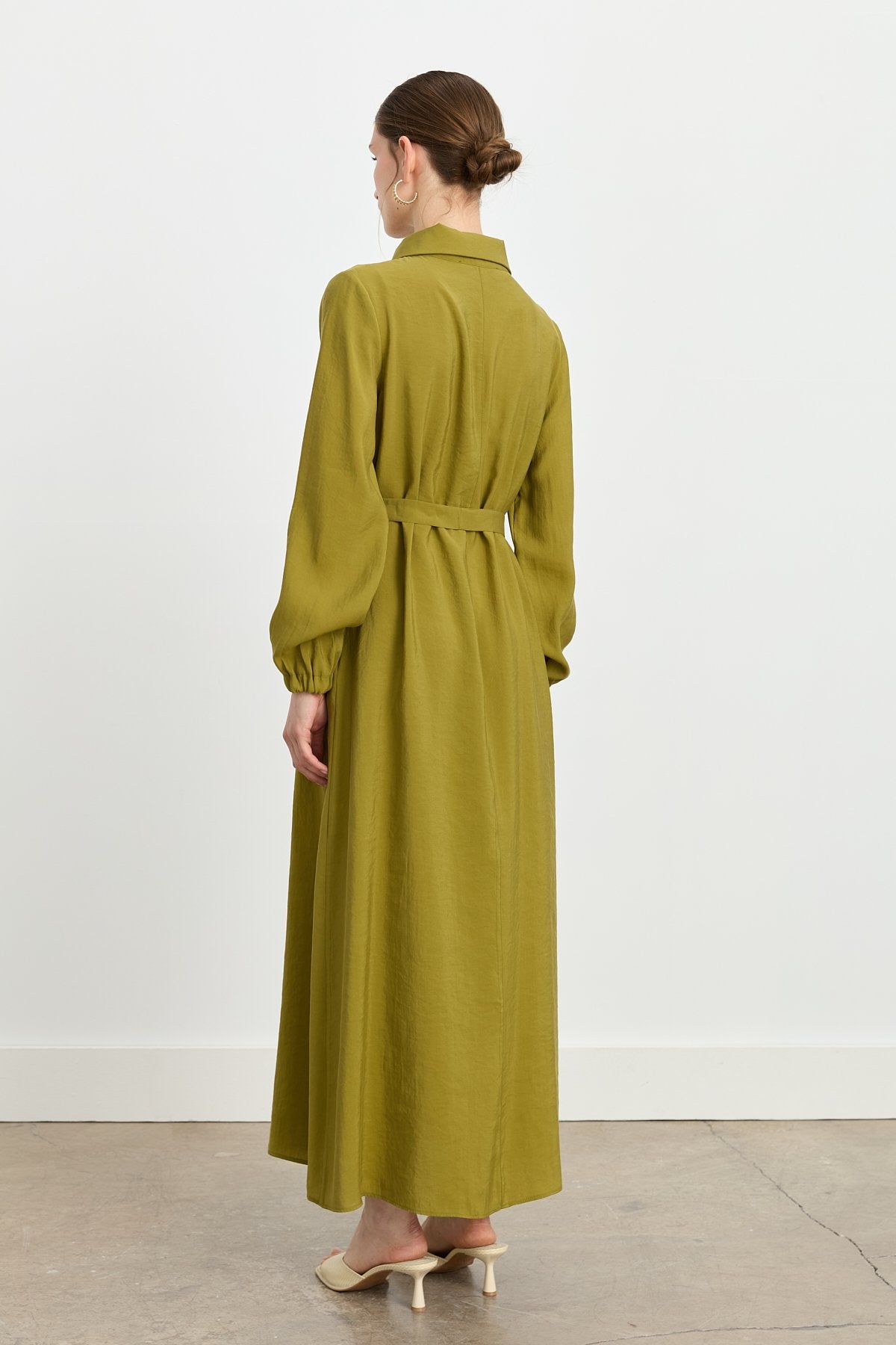 Modal Dress with Collar Detail and Belt - Olive