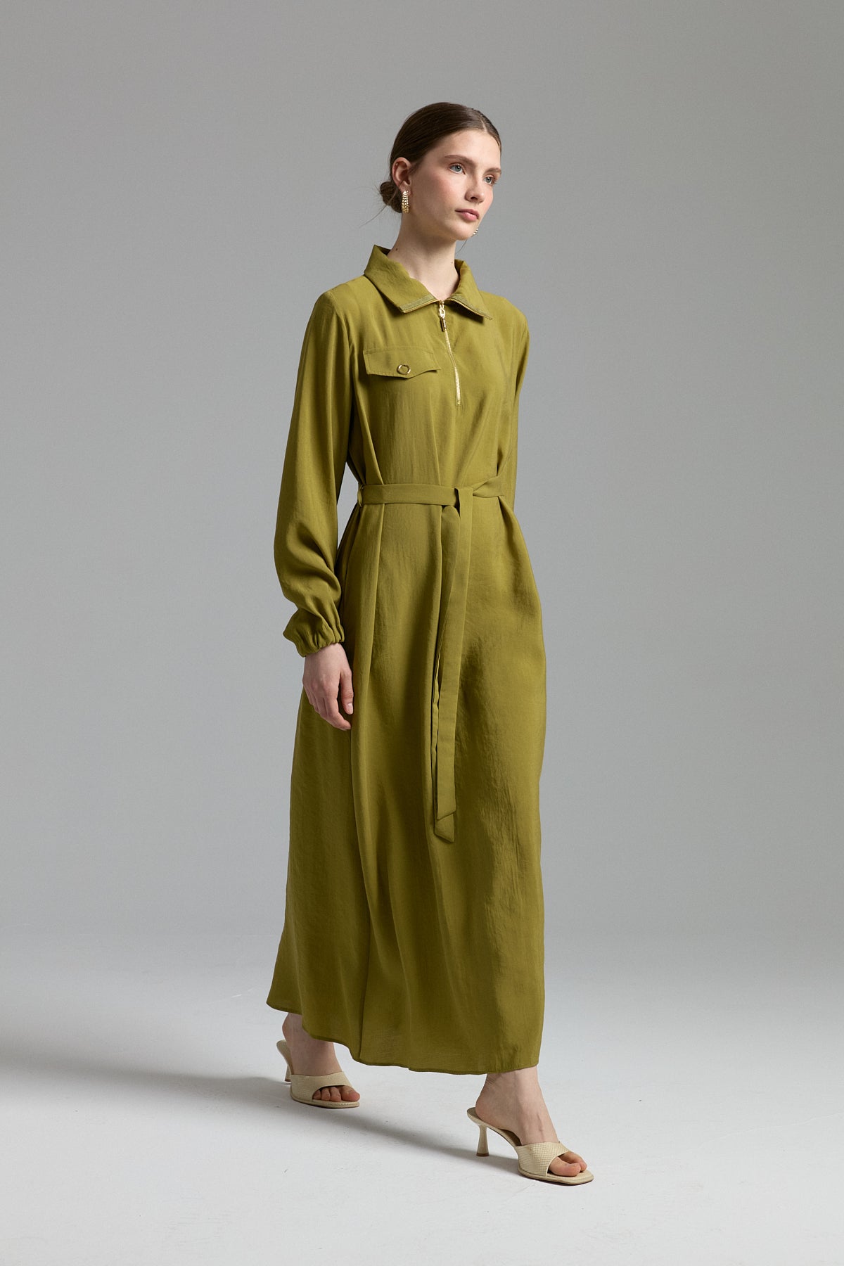 Modal Dress with Collar Detail and Belt - Olive