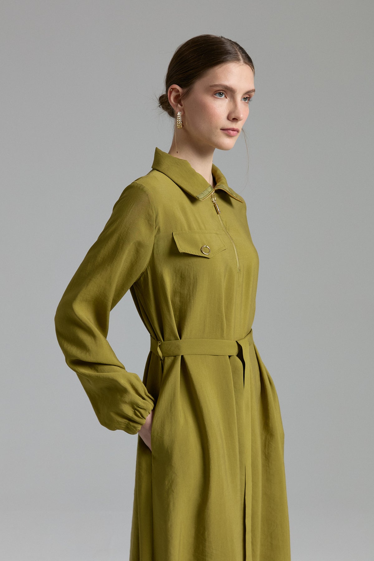 Modal Dress with Collar Detail and Belt - Olive